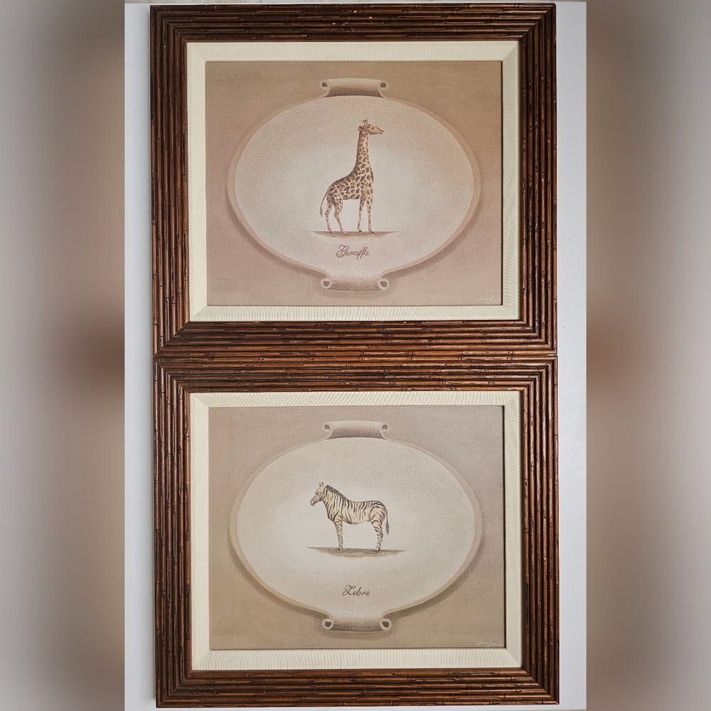 Vintage African Bamboo Milkpaint & Gold Wood Framed Giraffe & Zebra Wall Art